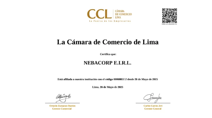Certificado de afiliación de NEBACORP a la Cámara de Comercio de Lima